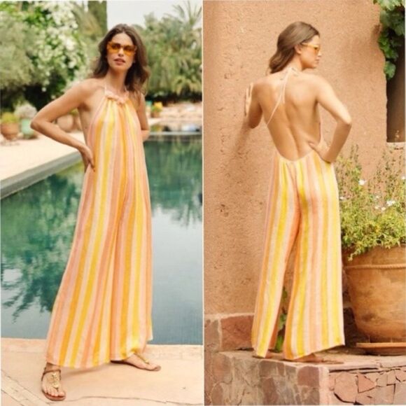 NWT Anthropologie “Sundress” Sophie Jumpsuit Marbella Mix Peach Sz L/XL - Picture 1 of 12